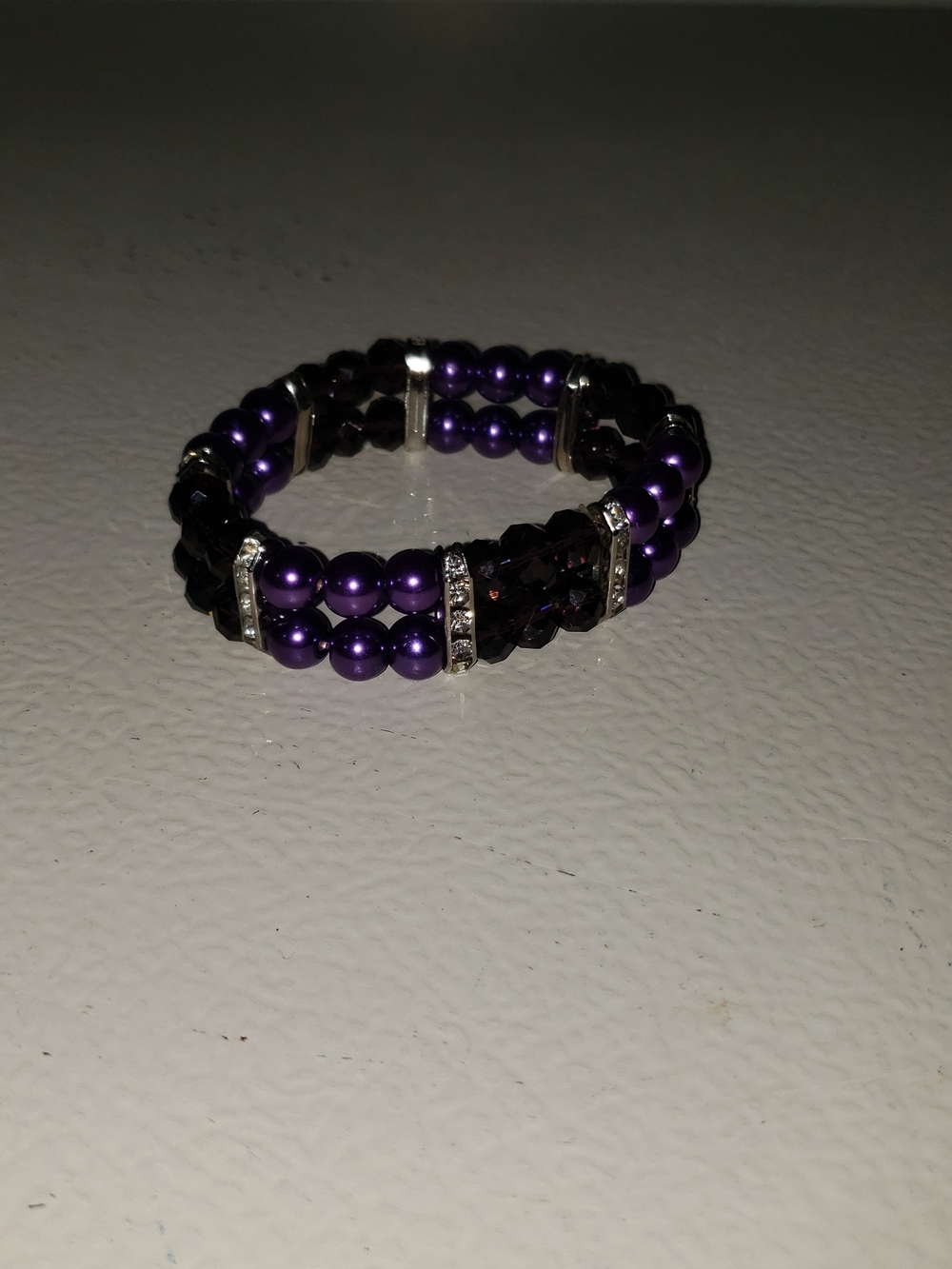 Purple Beaded Stretch Bracelet with Sparkling Rhinestone Accents